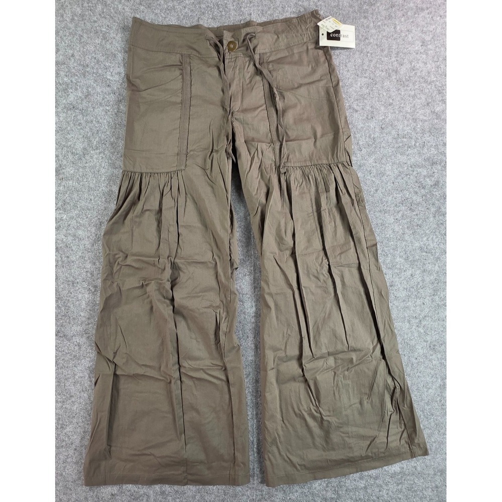 NWT Contrast Women's Green Wide-Leg Pants Button Drawstring Cotton Spandex Y2K